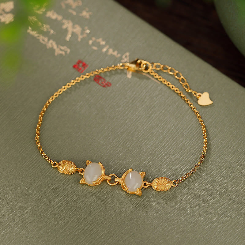 EverestArtstudios 925 Sterling Silver Natural Hetian White Jade Cyan Jade Lovely Fox Luck Bracelet