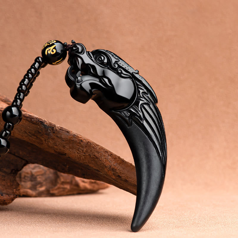 EverestArtstudios Natural Black Jade Chinese Zodiac Dragon Tooth Pattern Protection Necklace Pendant