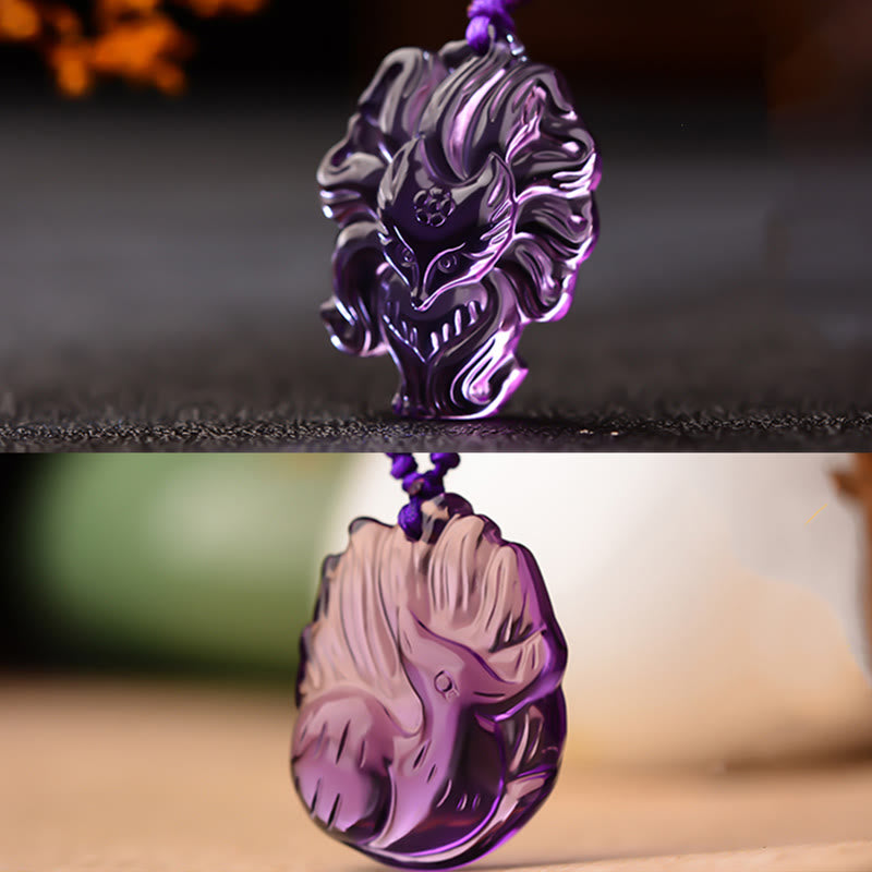 EverestArtstudios 天然紫水晶白水晶黄水晶九尾狐转运项链吊坠