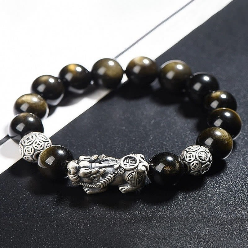 EverestArtstudios 925 Sterling Silver Natural Gold Sheen Obsidian PiXiu Wealth Protection Bracelet