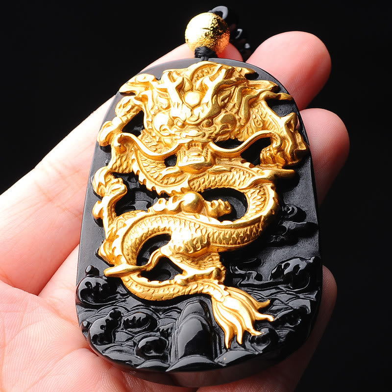 EverestArtstudios 18k Gold-plated Dragon Obsidian Lucky Pendant Necklace