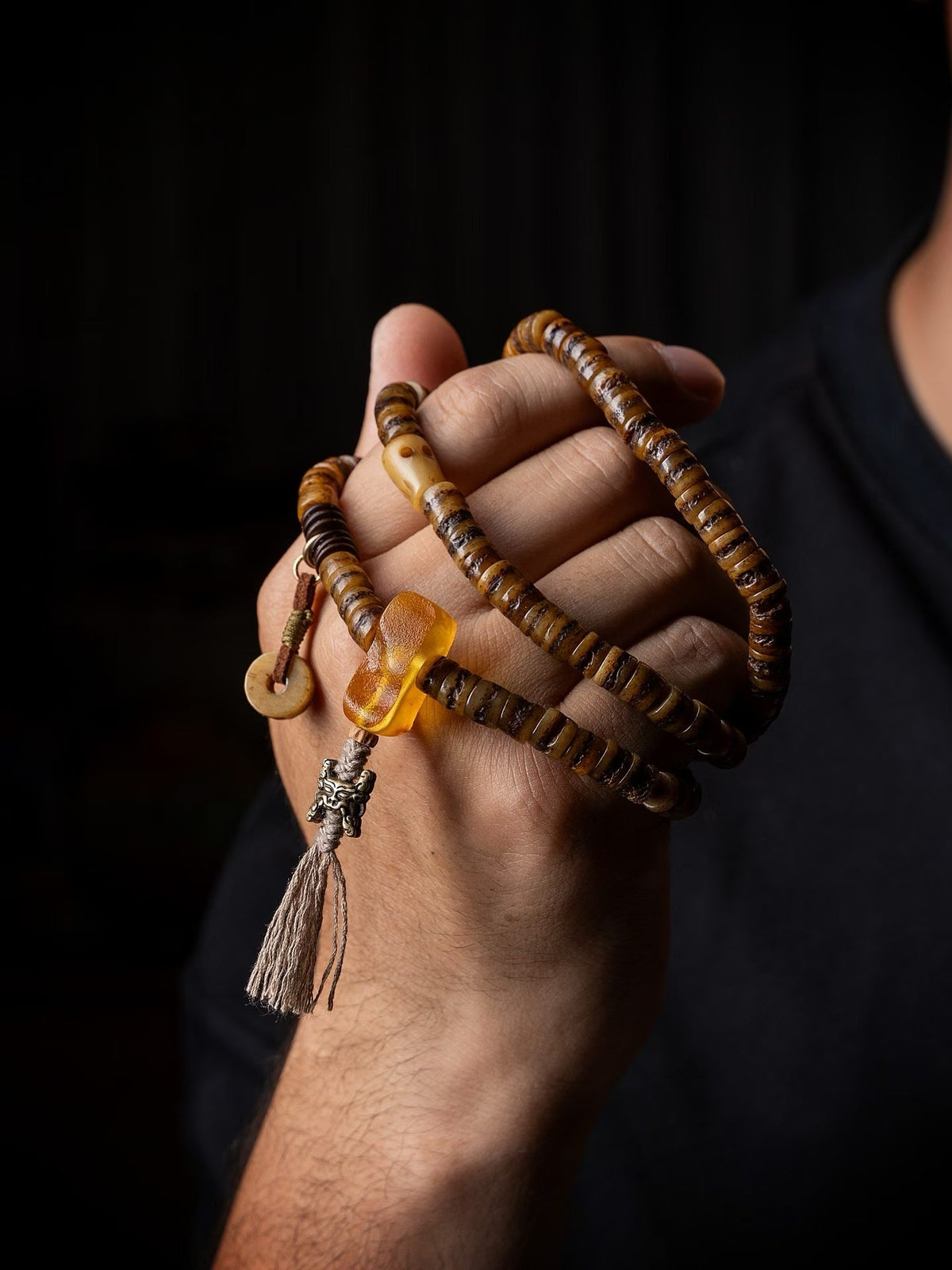 EverestArtstudios blessed Everest Tibetan Style 108 Bead Mala Necklace, Deer Antler & Coconut Shell Prayer Beads, Meditation Mala, Himalayan Inspired Spiritual Jewelry