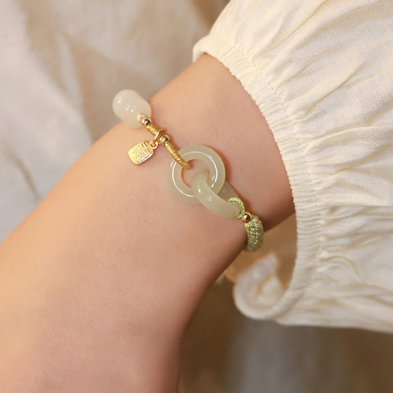 EverestArtstudios Natural Hetian Jade Bead Double Peace Buckle Fu Character Abundance Braided Bracelet