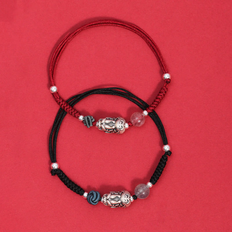 EverestArtstudios 999 Sterling Silver PiXiu Strawberry Quartz Bead Wealth Luck Braided Bracelet