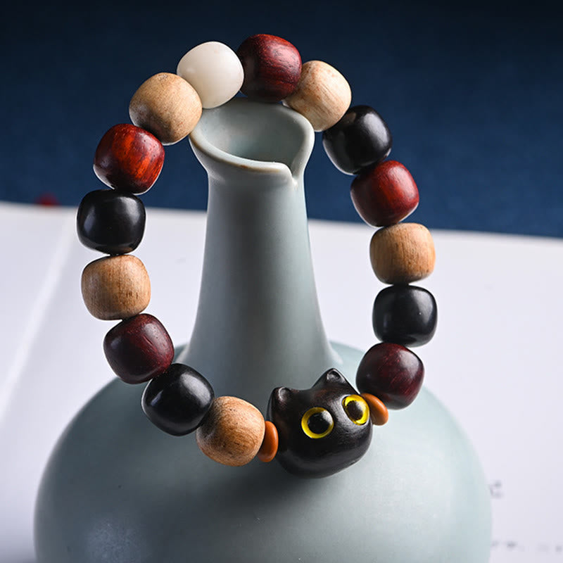 EverestArtStudios Petite Leaf Red Sandalwood Ebony Wood Adorable Feline Carved Safeguard Wristband