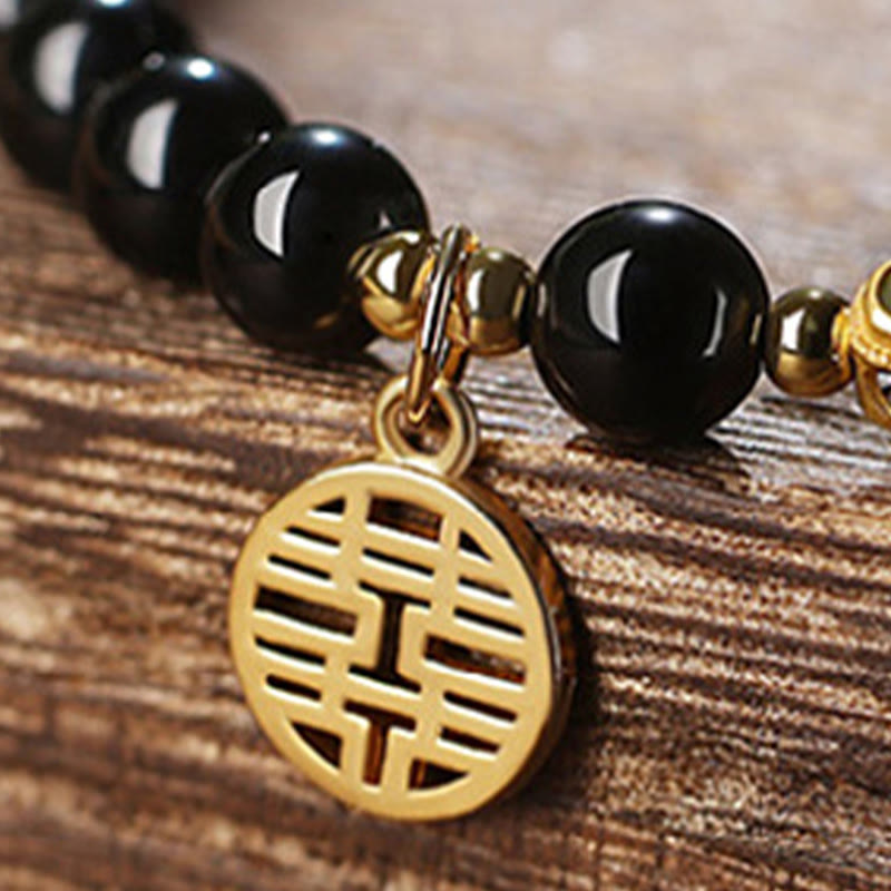 EverestArtstudios Natural Black Obsidian Hetian Jade Gourd Double Happiness Strength Bracelet