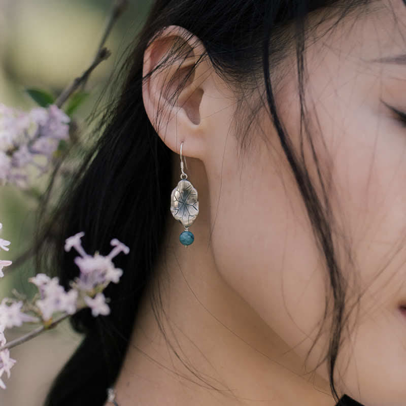 EverestArtStudios 925银绿松石莲叶护身坠式耳环