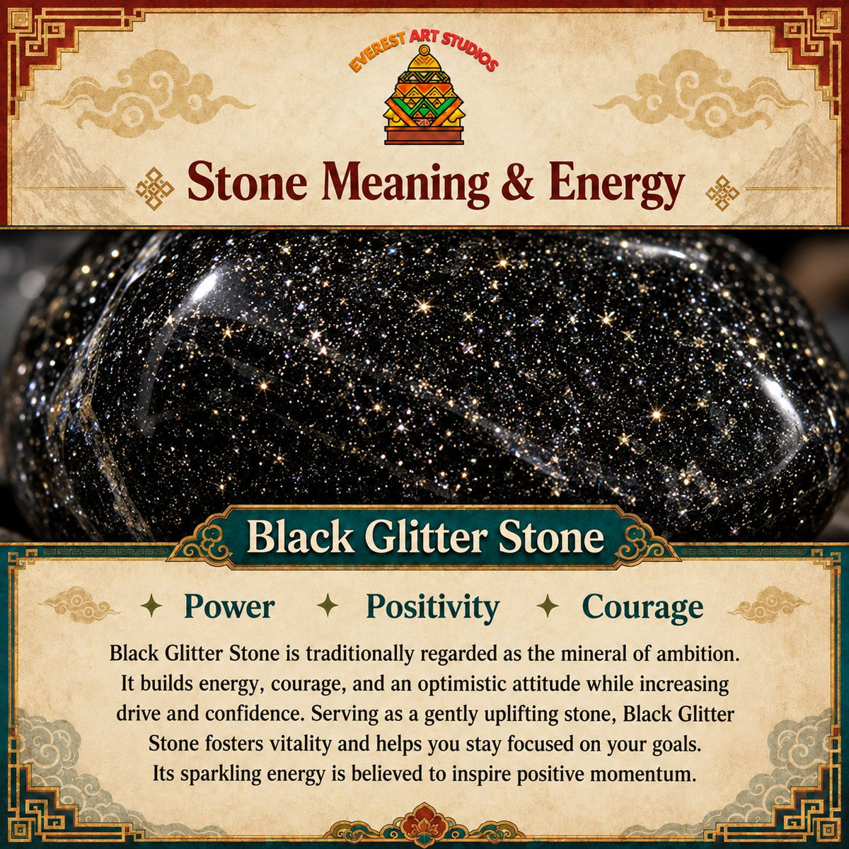 EverestArtstudios black glitter stone meaning and symbolism