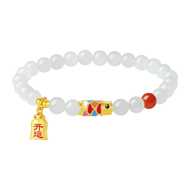 EverestArtstudios 925 Sterling Silver Hetian White Jade Red Agate Koi Fish Luck Happiness Bracelet