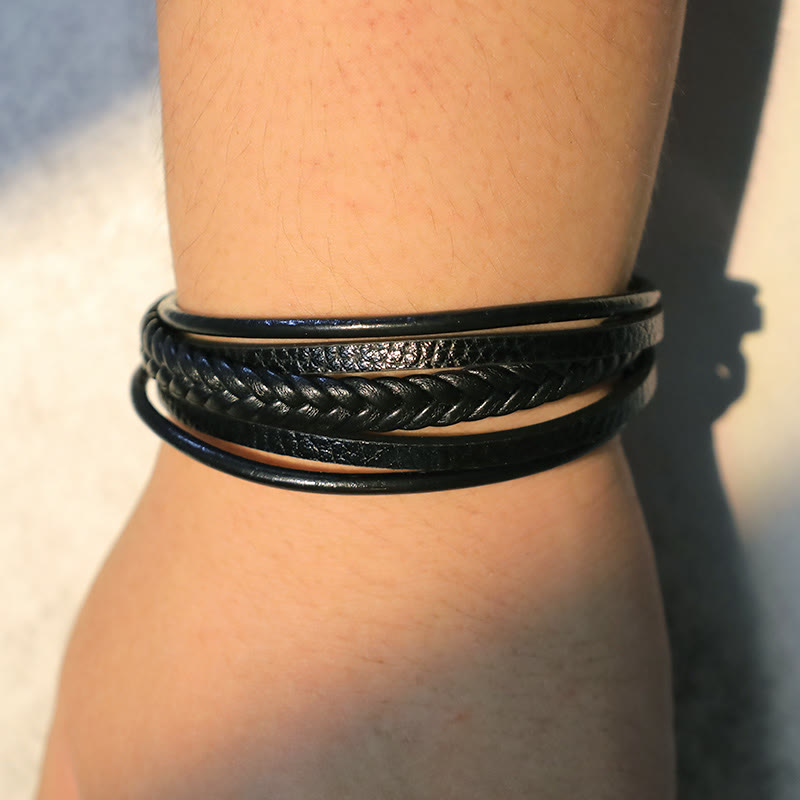 EverestArtStudios Genuine Volcanic Rock Black Agate Stone Wrapped Leather Bracelet