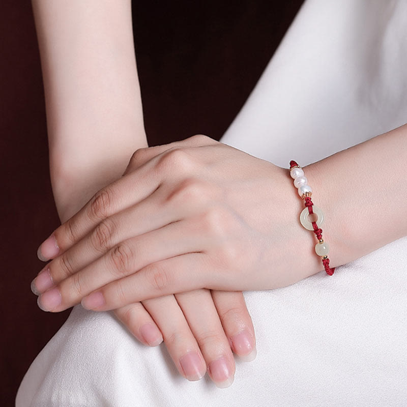 EverestArtStudios 925 Sterling Silver Plated Gold Hetian Jade Peace Buckle Pearl Luck Bracelet