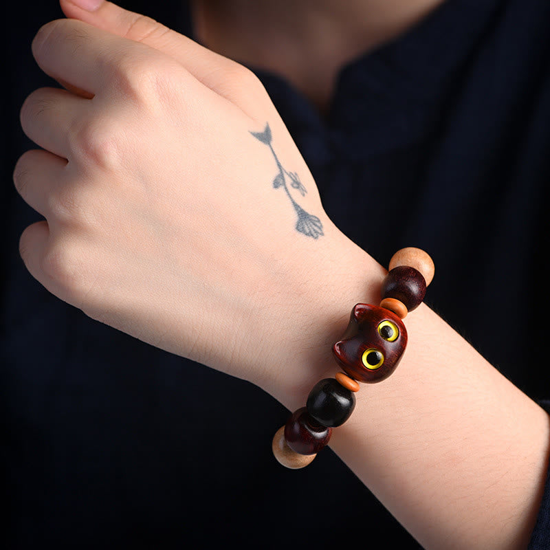 EverestArtStudios Petite Leaf Red Sandalwood Ebony Wood Adorable Feline Carved Safeguard Wristband