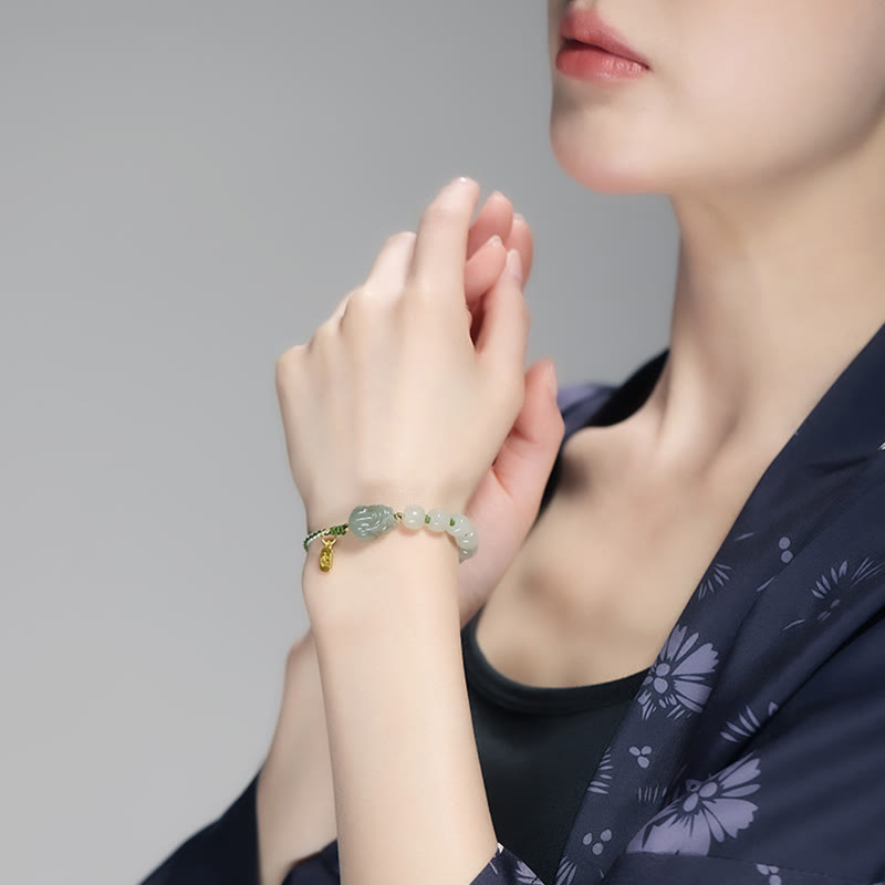 EverestArtstudios Natural Hetian Jade PiXiu Luck Fu Character String Bracelet