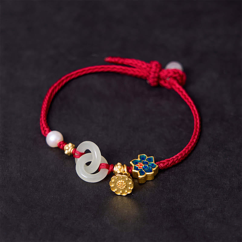 EverestArtStudios Hetian Jade Lotus Peace Buckle Braided Cord Wealth Bracelet