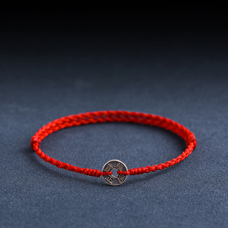 EverestArtStudios 925 Sterling Silver Five Emperor Coins Red String Protection Luck Braided Bracelet Anklet
