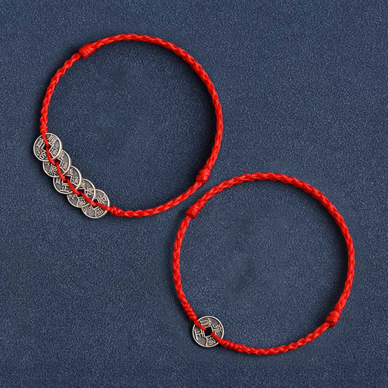 EverestArtStudios 925 Sterling Silver Five Emperor Coins Red String Protection Luck Braided Bracelet Anklet