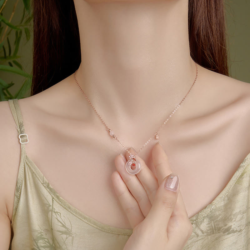 EverestArtstudios 玉髓粉晶925银花卉锦鲤平安扣吉祥项链吊坠