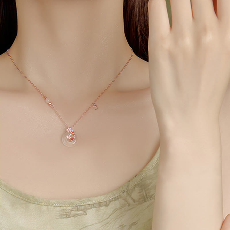 EverestArtstudios 玉髓粉晶925银花卉锦鲤平安扣吉祥项链吊坠