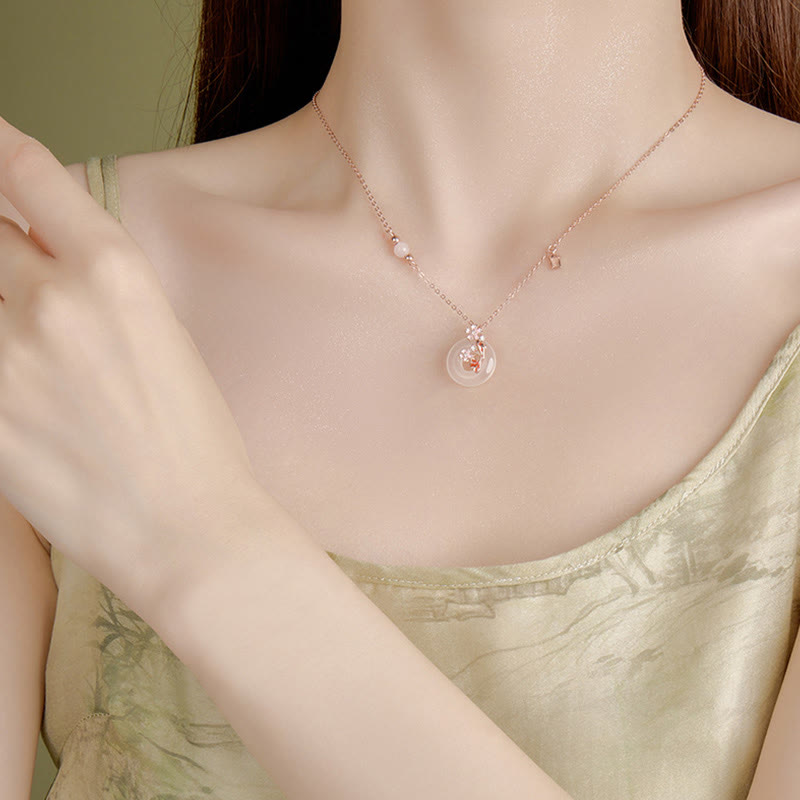 EverestArtstudios 玉髓粉晶925银花卉锦鲤平安扣吉祥项链吊坠