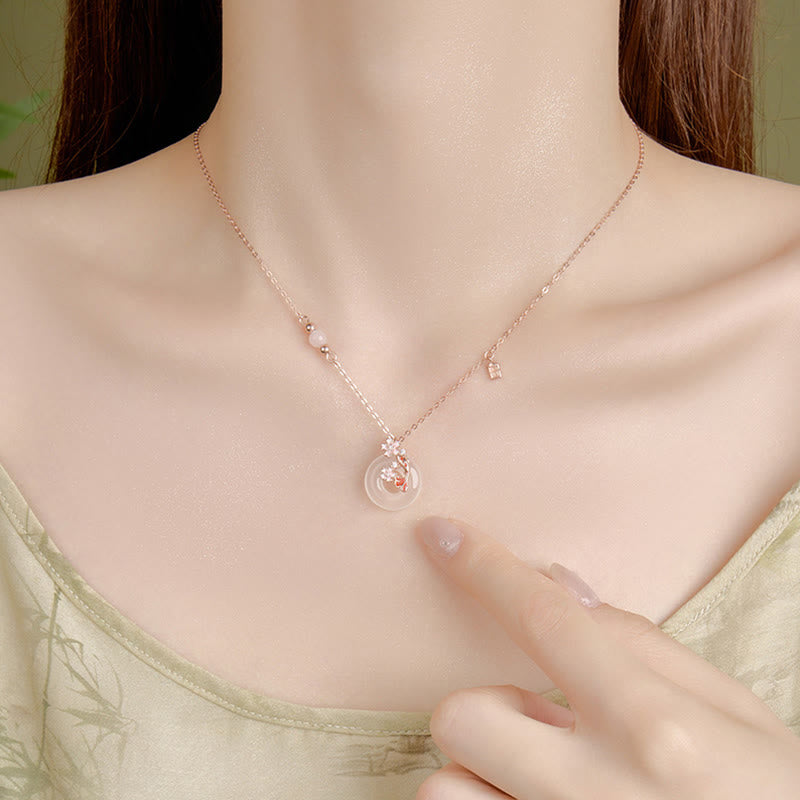EverestArtstudios 玉髓粉晶925银花卉锦鲤平安扣吉祥项链吊坠