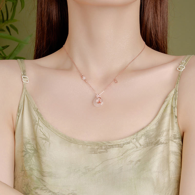 EverestArtstudios 玉髓粉晶925银花卉锦鲤平安扣吉祥项链吊坠
