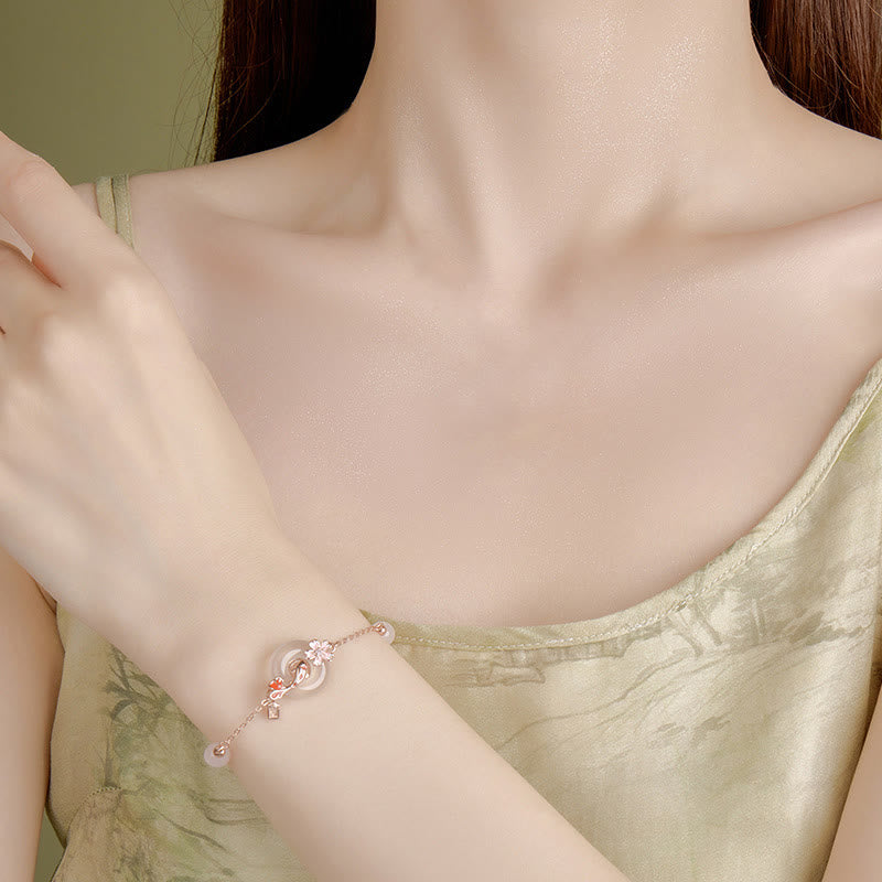 EverestArtstudios 玉髓粉晶 925 銀花朵錦鯉平安扣能量手鍊