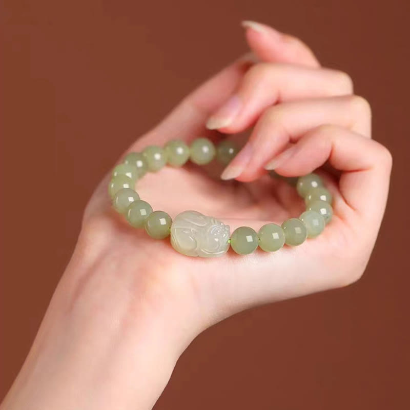 EverestArtstudios Natural Hetian Jade PiXiu Carved Luck Bracelet