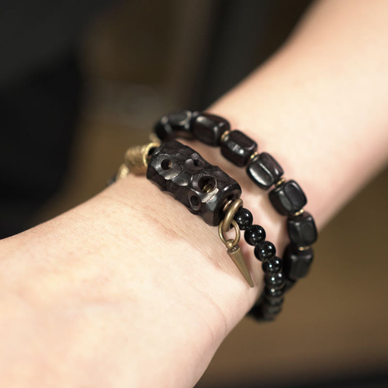 EverestArtstudios Ebony Wood Black Obsidian Copper Brass Peace Double Wrap Bracelet