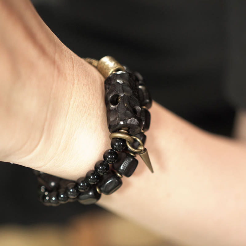 EverestArtstudios Ebony Wood Black Obsidian Copper Brass Peace Double Wrap Bracelet