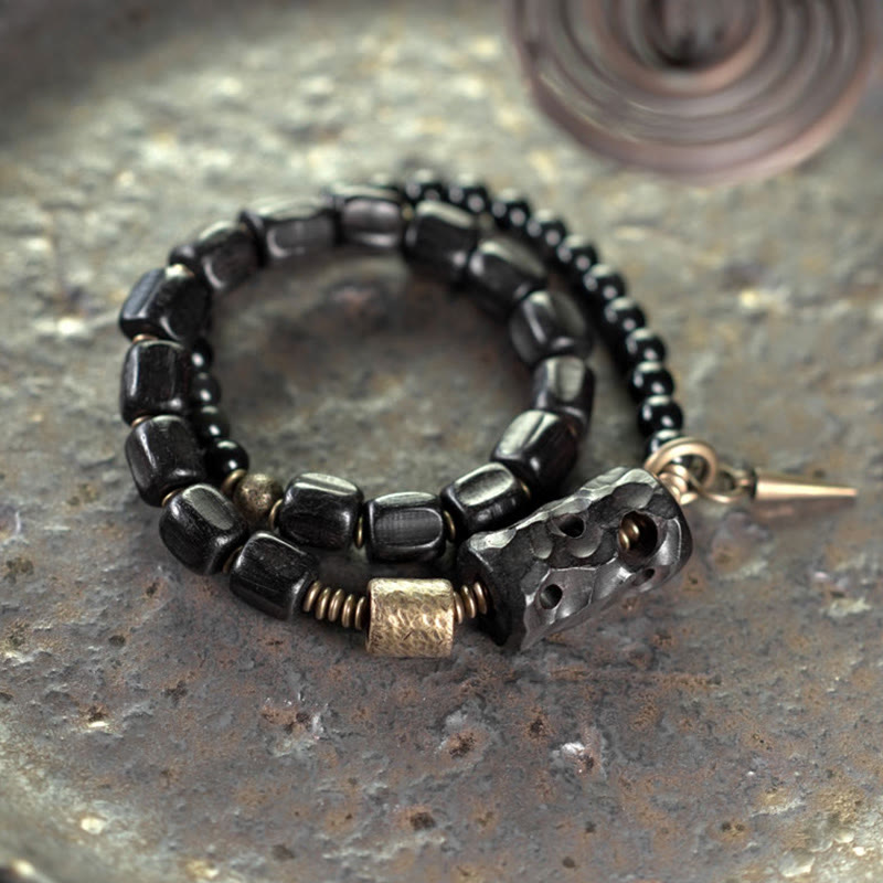 EverestArtstudios Ebony Wood Black Obsidian Copper Brass Peace Double Wrap Bracelet