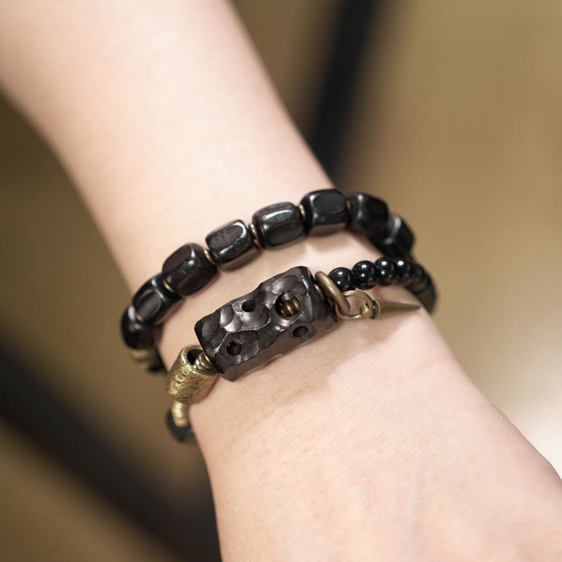 EverestArtstudios Ebony Wood Black Obsidian Copper Brass Peace Double Wrap Bracelet
