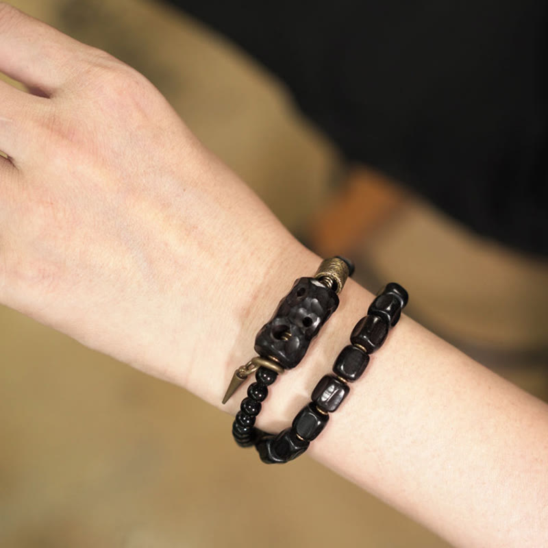 EverestArtstudios Ebony Wood Black Obsidian Copper Brass Peace Double Wrap Bracelet