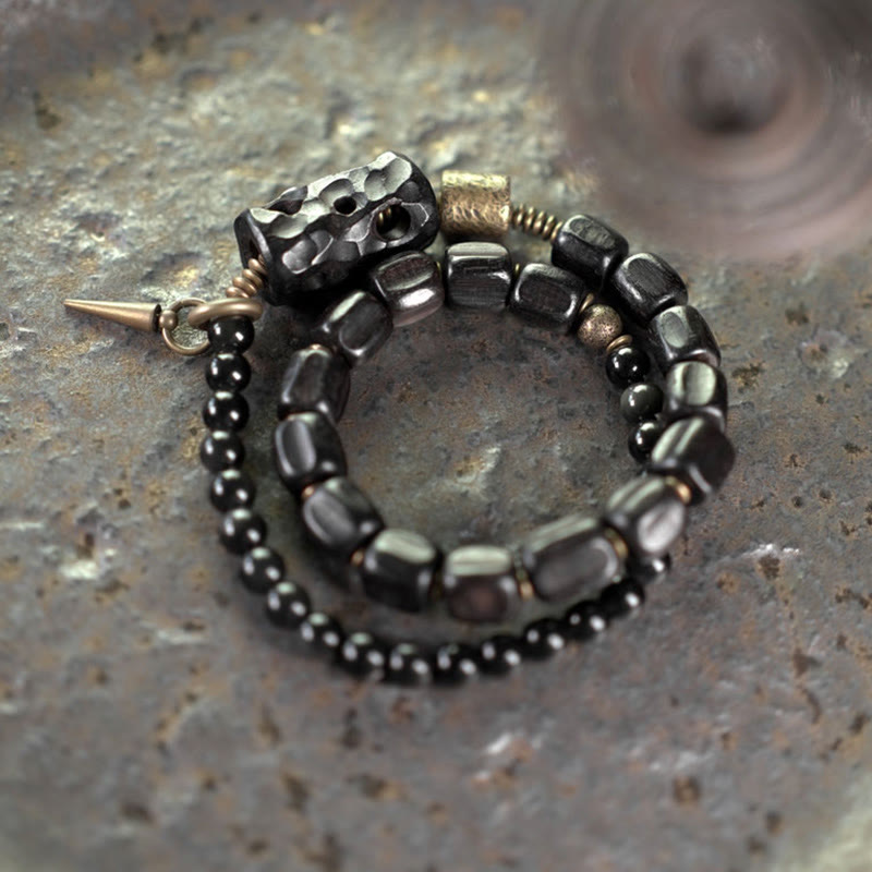 EverestArtstudios Ebony Wood Black Obsidian Copper Brass Peace Double Wrap Bracelet