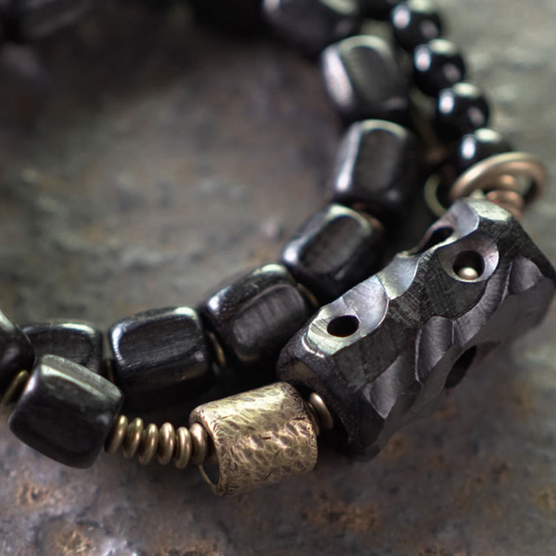 EverestArtstudios Ebony Wood Black Obsidian Copper Brass Peace Double Wrap Bracelet