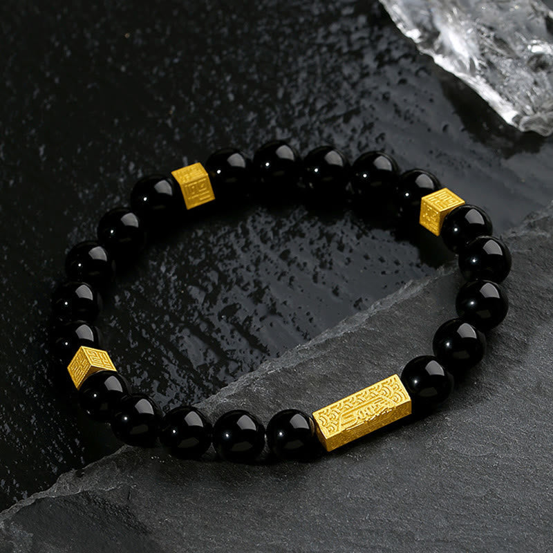 EverestArtstudios Black Obsidian 925 Sterling Silver Fu Character Cube Strength Bracelet