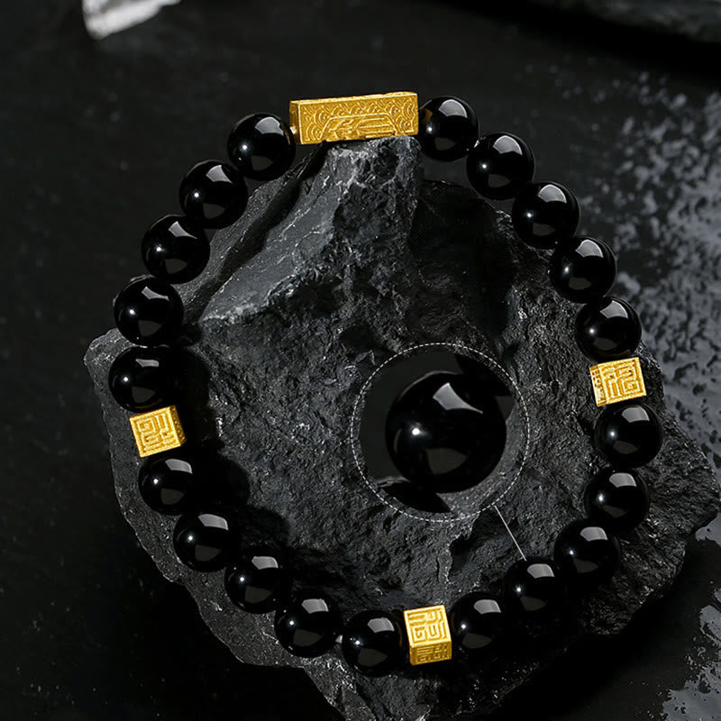EverestArtstudios Black Obsidian 925 Sterling Silver Fu Character Cube Strength Bracelet