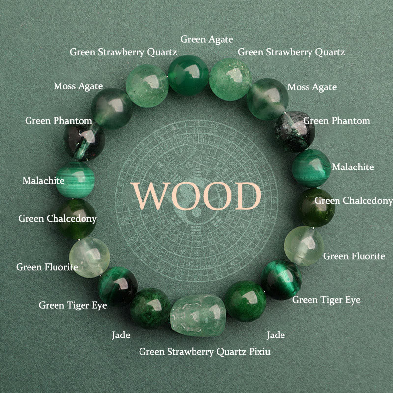 EverestArtstudios Five Elements Various Agate Crystal Green Strawberry Quartz Moss Agate Green Phantom Luck Bracelet