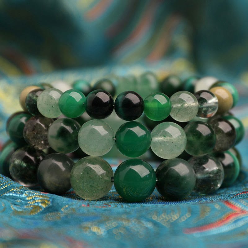 EverestArtstudios Five Elements Various Agate Crystal Green Strawberry Quartz Moss Agate Green Phantom Luck Bracelet
