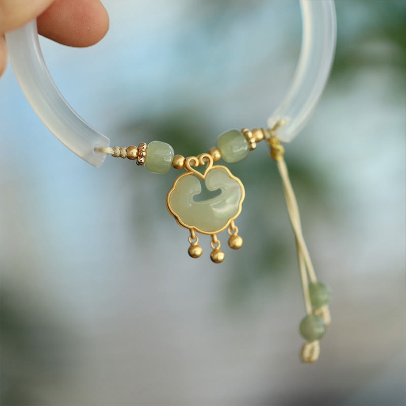 EverestArtstudios Chalcedony Hetian Jade 925 Sterling Silver Auspicious Cloud Ruyi Lock Harmony Cuff Half Bracelet Bangle