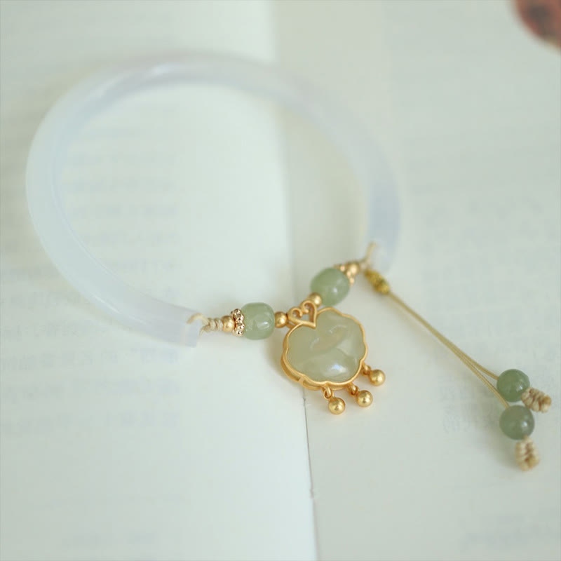 EverestArtstudios Chalcedony Hetian Jade 925 Sterling Silver Auspicious Cloud Ruyi Lock Harmony Cuff Half Bracelet Bangle