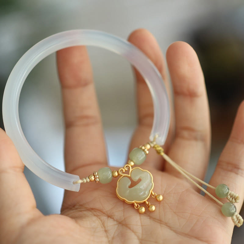 EverestArtstudios Chalcedony Hetian Jade 925 Sterling Silver Auspicious Cloud Ruyi Lock Harmony Cuff Half Bracelet Bangle