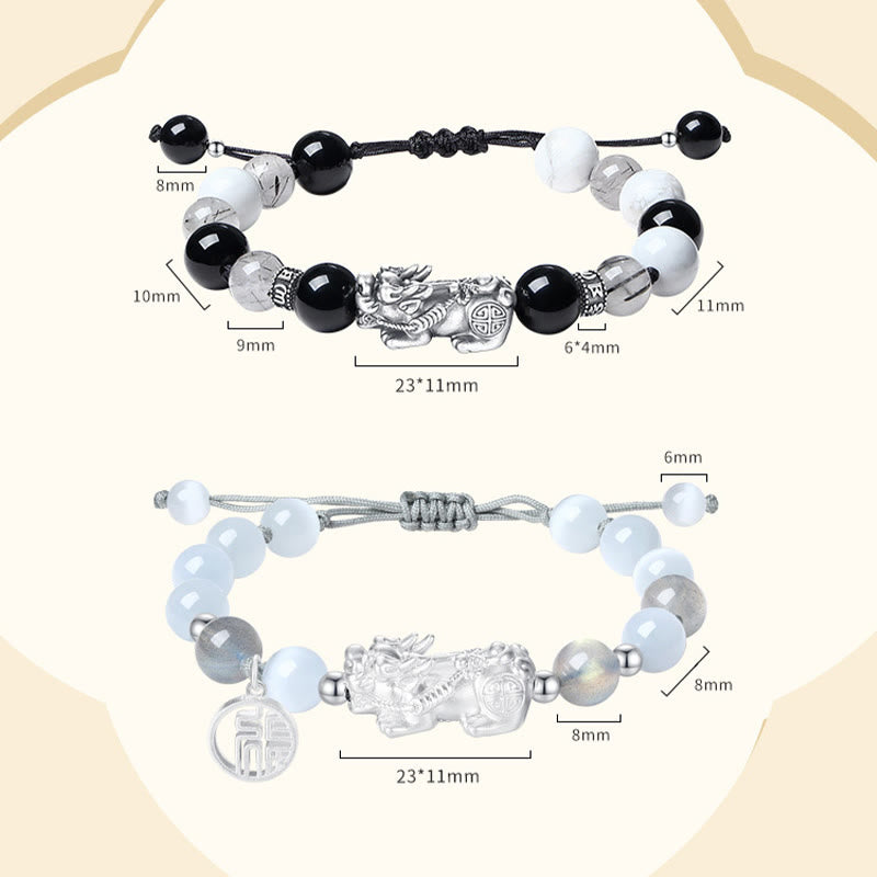 EverestArtstudios Pi Xiu Six True Words 999 Sterling Silver Black Obsidian White Turquoise Chrysoberyl Luck Bracelet