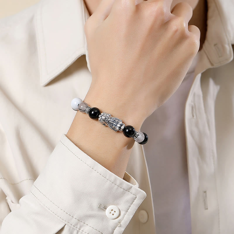 EverestArtstudios Pi Xiu Six True Words 999 Sterling Silver Black Obsidian White Turquoise Chrysoberyl Luck Bracelet