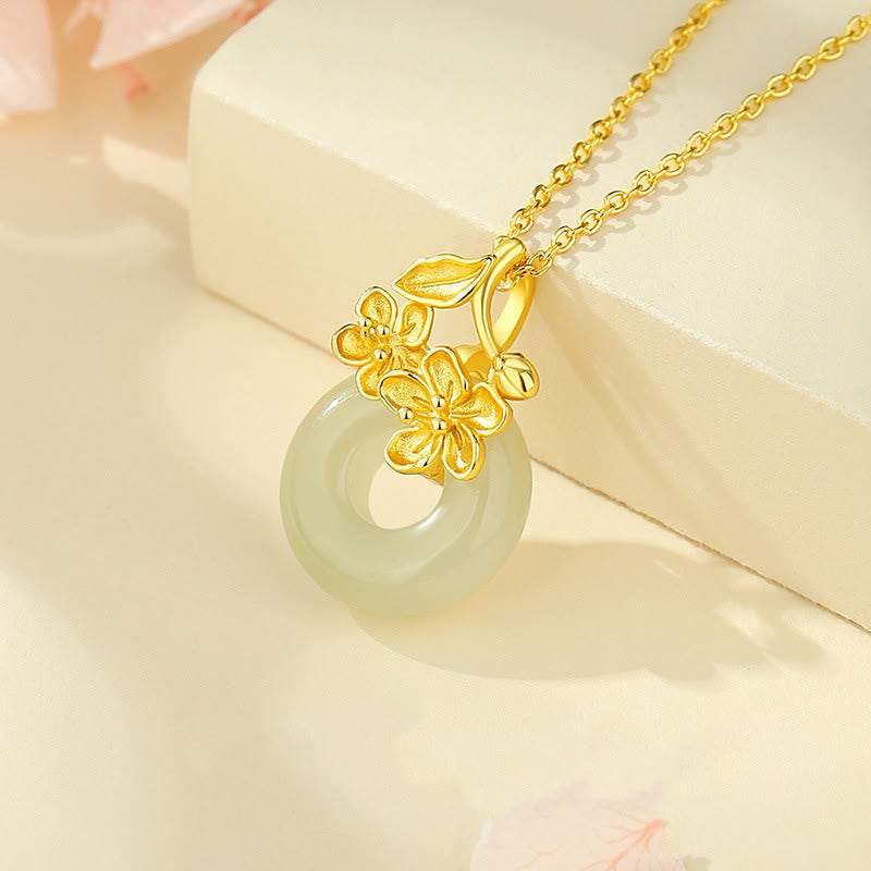 EverestArtstudios 和田玉999足银平安扣桃花项链吊坠