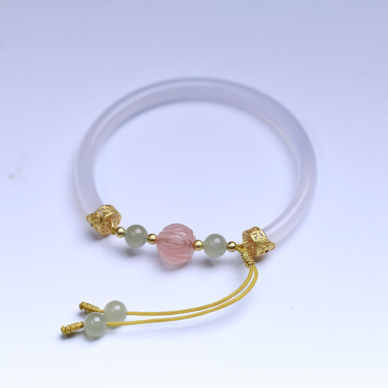 EverestArtstudios Natural White Agate Lotus Hetian Jade Beads Positive Bracelet Bangle
