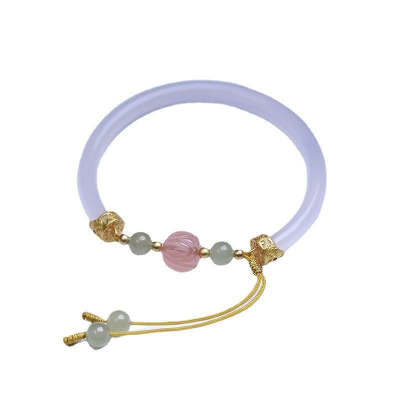 EverestArtstudios Natural White Agate Lotus Hetian Jade Beads Positive Bracelet Bangle