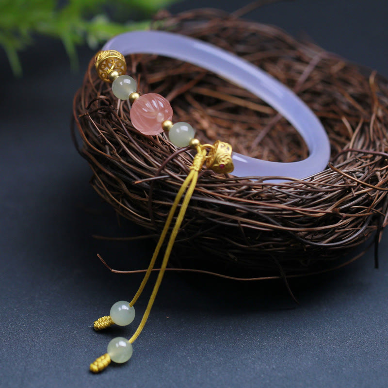 EverestArtstudios Natural White Agate Lotus Hetian Jade Beads Positive Bracelet Bangle