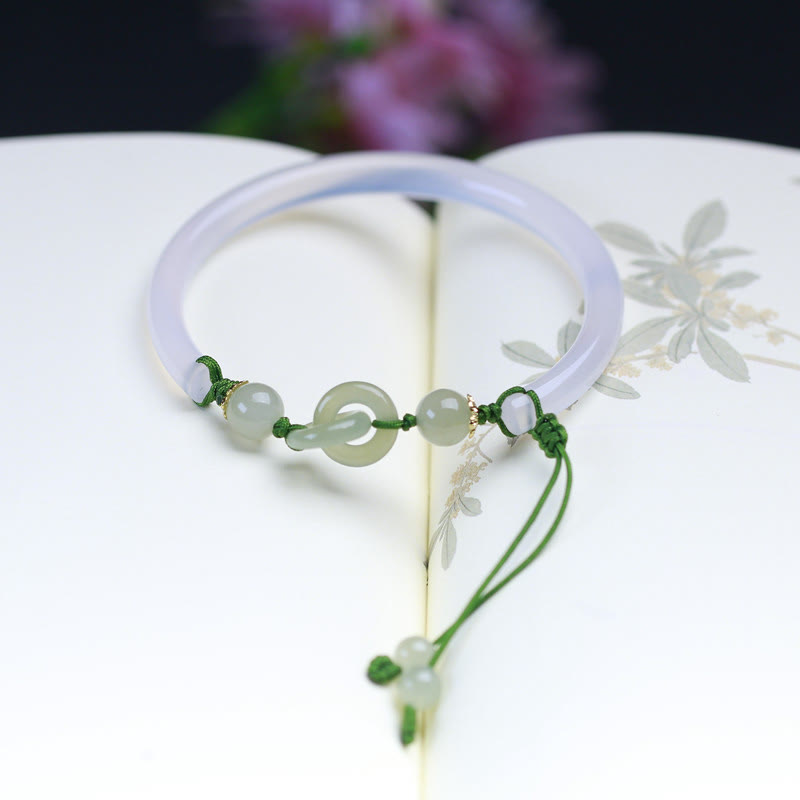 EverestArtstudios Natural White Agate Hetian Jade Beads Interlocking Positive Bracelet Bangle