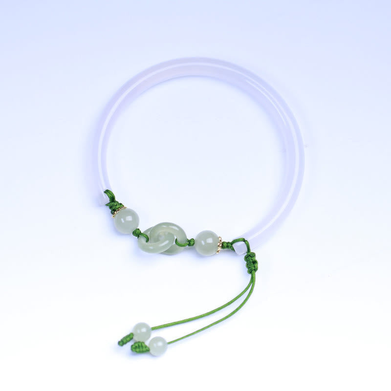 EverestArtstudios Natural White Agate Hetian Jade Beads Interlocking Positive Bracelet Bangle