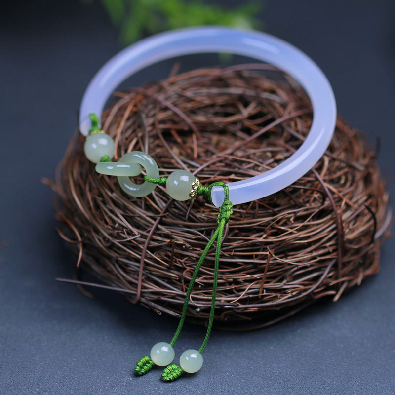 EverestArtstudios Natural White Agate Hetian Jade Beads Interlocking Positive Bracelet Bangle